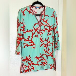 J.McLaughlin Tunic, Beach Cover Coral design With Contrast Trim.3/4 Sleeves Sz M